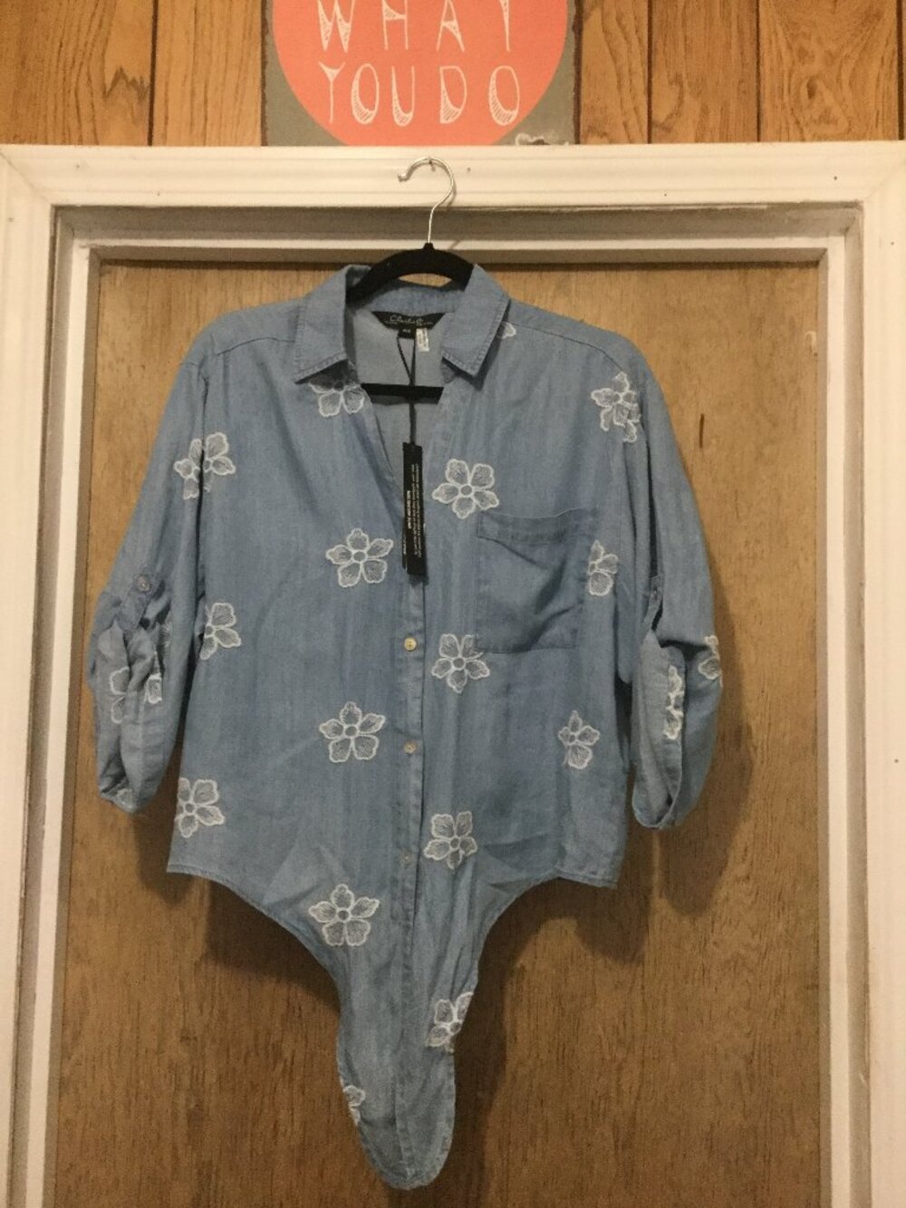 NWT Charlie B size small 100 % Tencel embroidered tie front button up blouse